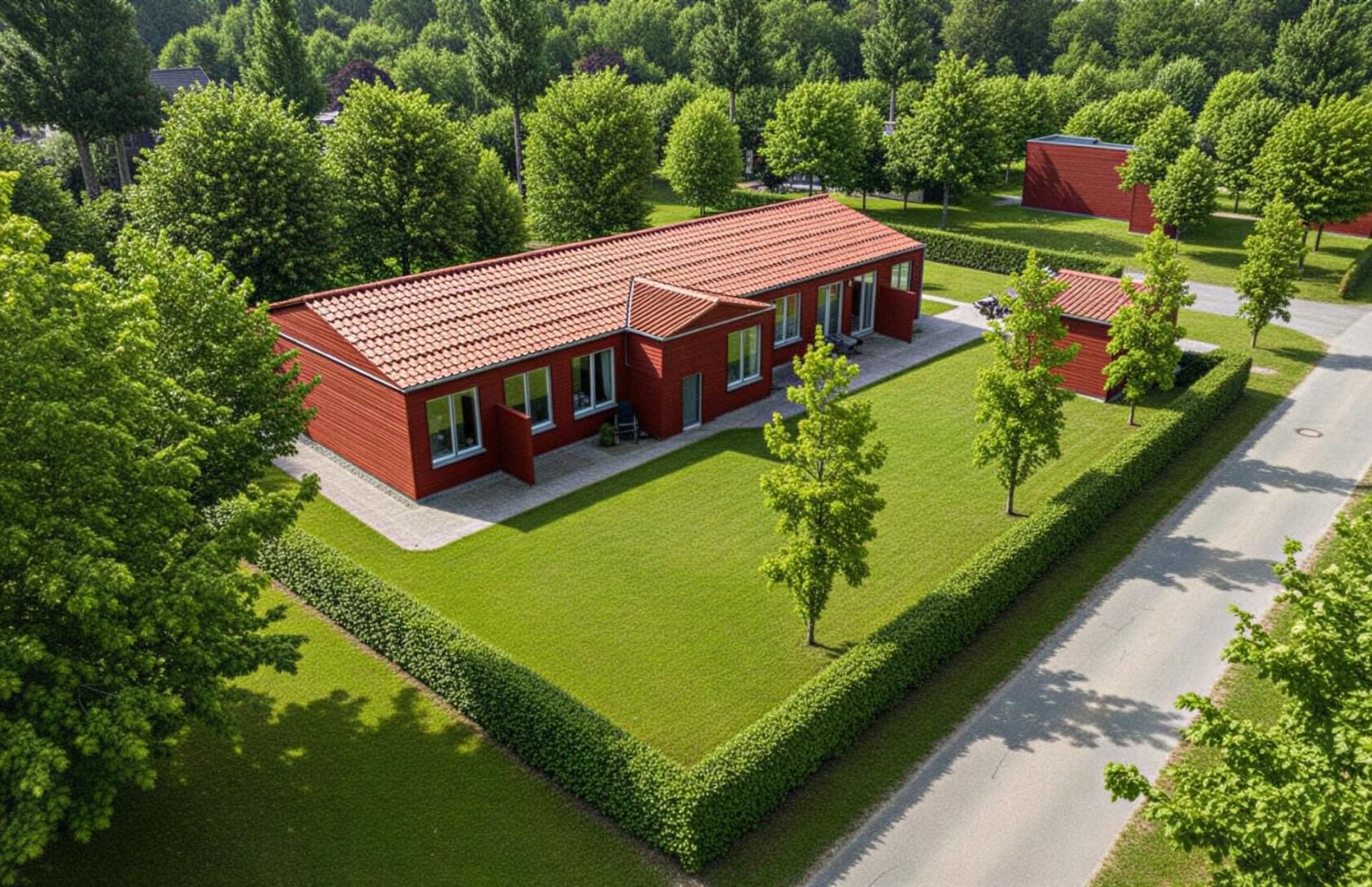 Visionsbild av rött hus med mycket grönska omkring
